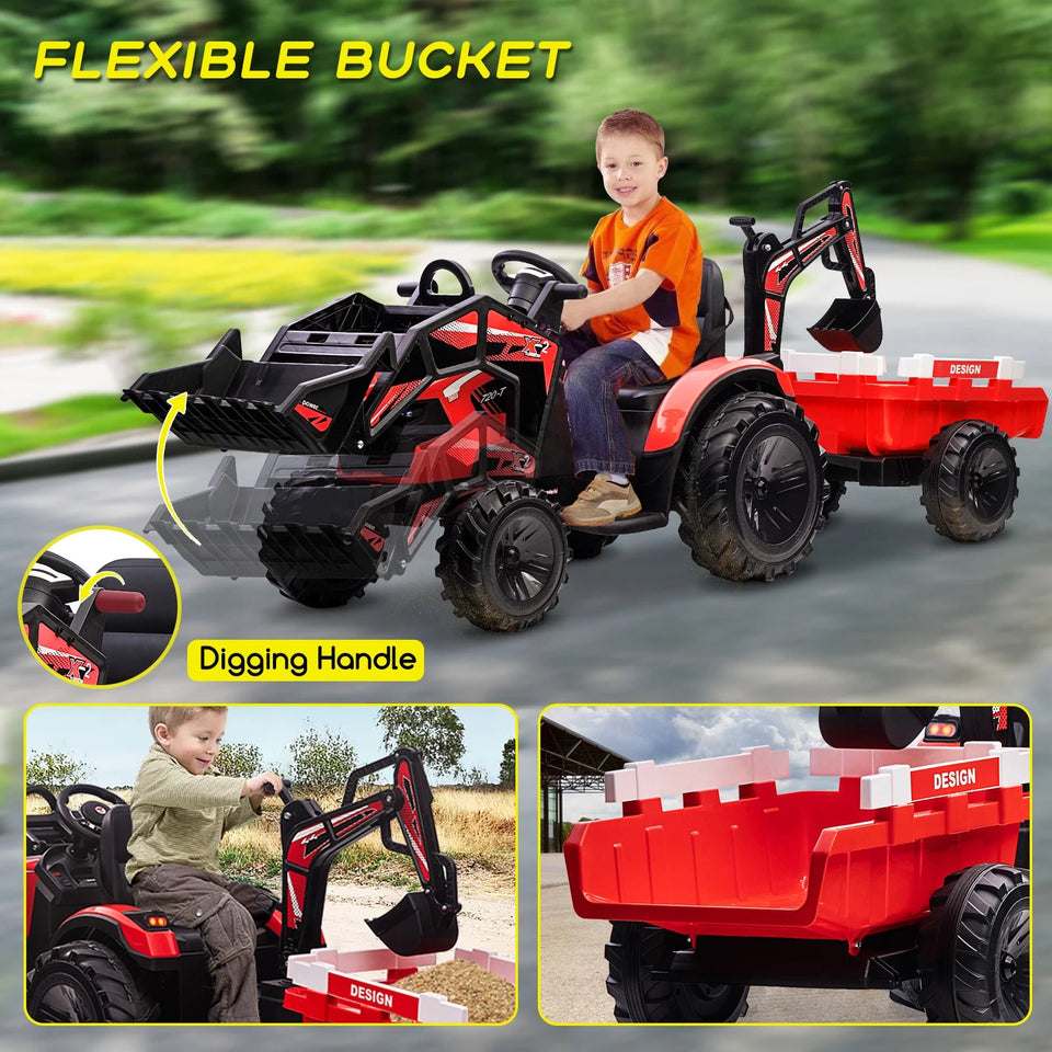 3 in 1 Ride on Tractor, Excavator & Bulldozer, 24V Electric Vehicle w/Trailer Remote Control Kids Ride on Car Toy AXSSIBLZ