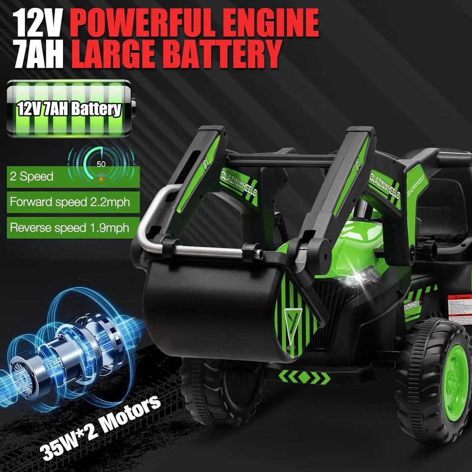 Kids 12V 3 in 1 Ride on Excavator & Tractor with Detachable Trailer, Ride on Car Toy with Remote Control, Digger, LED Lights AXSSIBLZ