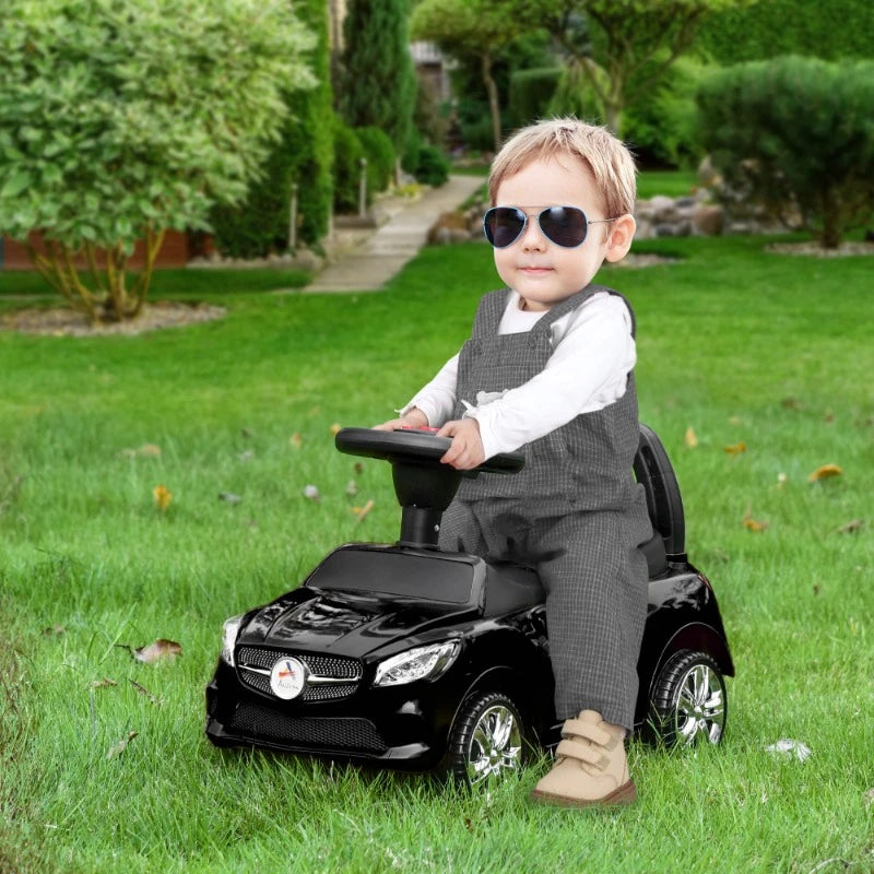 Kids Ride On Push Car, Foot-to-Floor Walking Sliding Toy Car for Toddler with Working Horn, Music, Headlights and Storage, Black AXSSIBLZ