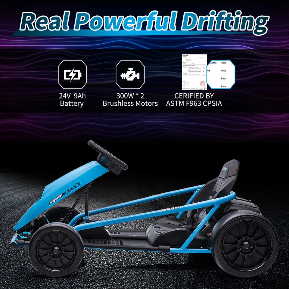 24V Go Kart for Kids, 300W*2 Extra Powerful Motors, 9Ah Large Battery 8MPH High Speed Drifting,Ride On Toy AXSSIBLZ