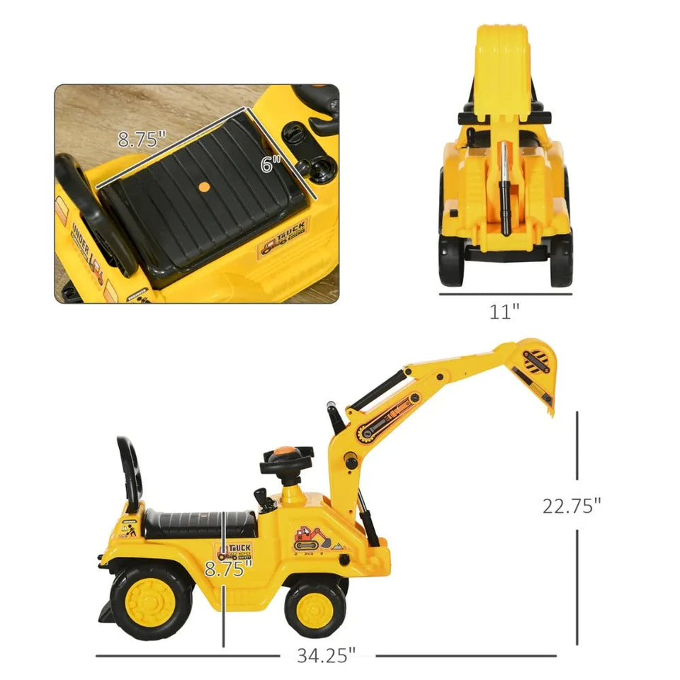 Yellow 2-in-1 Ride on Excavator Pull Cart with Horn, Safety Design, No Electric Drive AXSSIBLZ