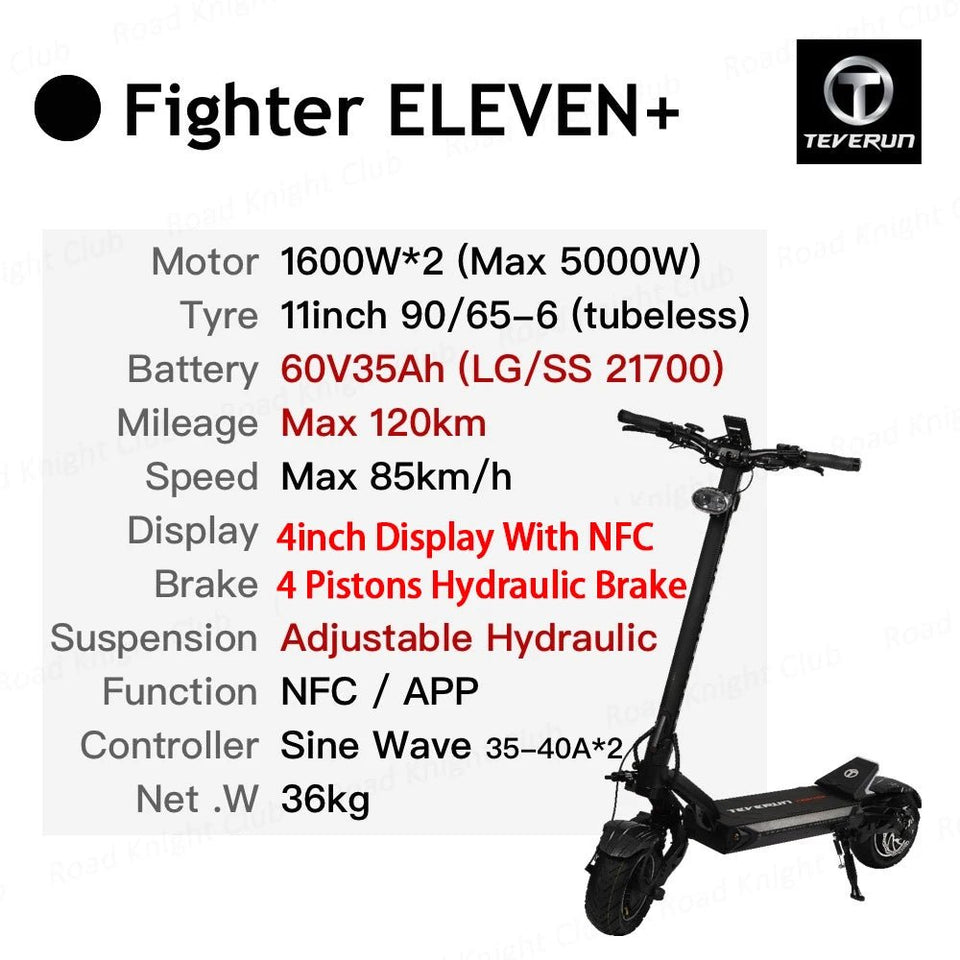 TEVERUN Fighter 11+ 60V 35Ah 26Ah Battery 1600W*2 Motor 4inch Display With NFC 4 Pistons Hydraulic Brake 11inch Tire Scooter AXSSIBLZ