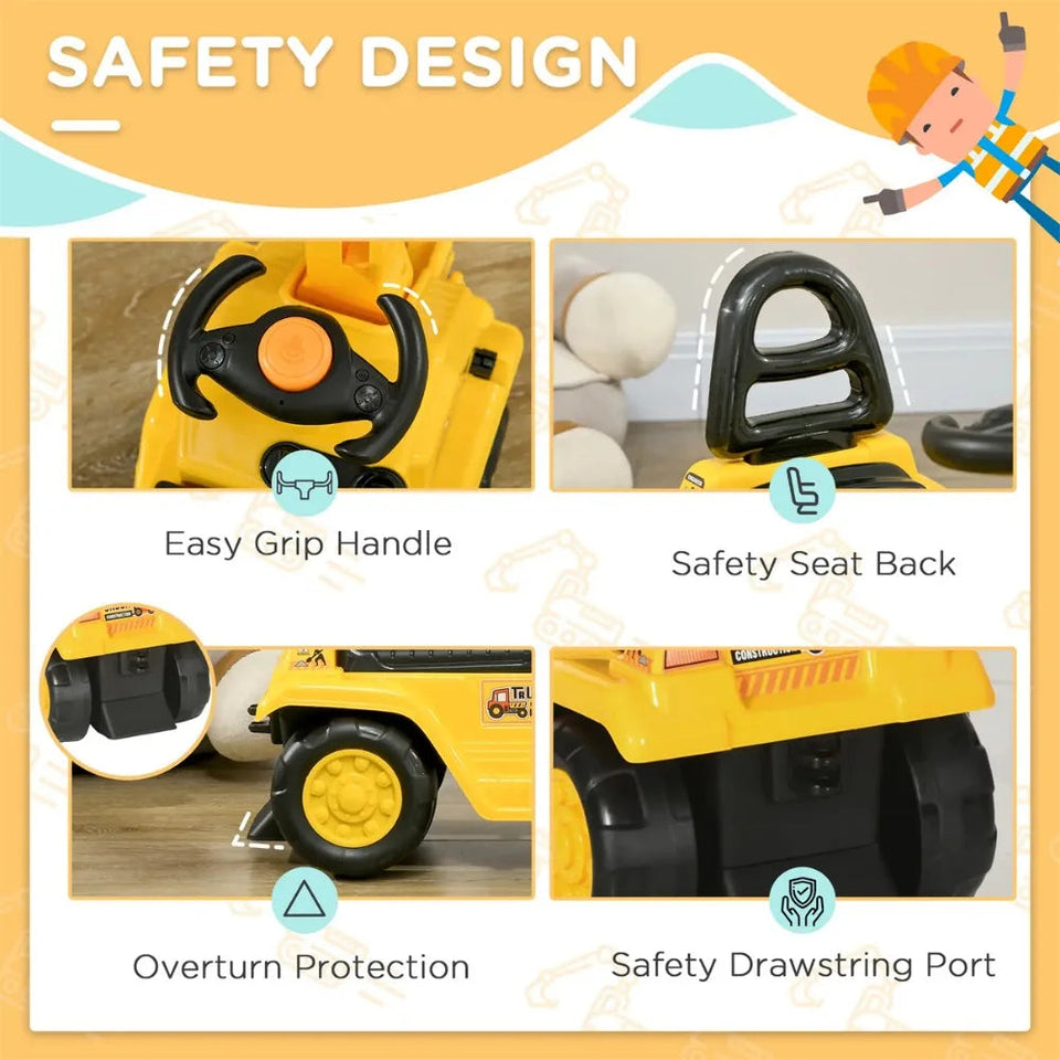 Yellow 2-in-1 Ride on Excavator Pull Cart with Horn, Safety Design, No Electric Drive AXSSIBLZ