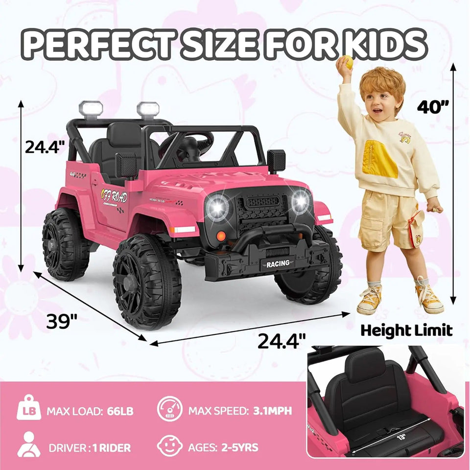 12V Ride On Truck Car with Remote Control, Kids Electric Vehicles with Bluetooth Music, Horn, 3 Speeds, 4 LED Lights, Soft Start AXSSIBLZ