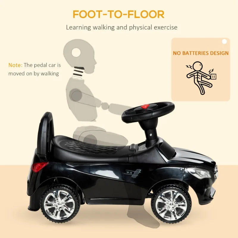 Kids Ride On Push Car, Foot-to-Floor Walking Sliding Toy Car for Toddler with Working Horn, Music, Headlights and Storage, Black AXSSIBLZ