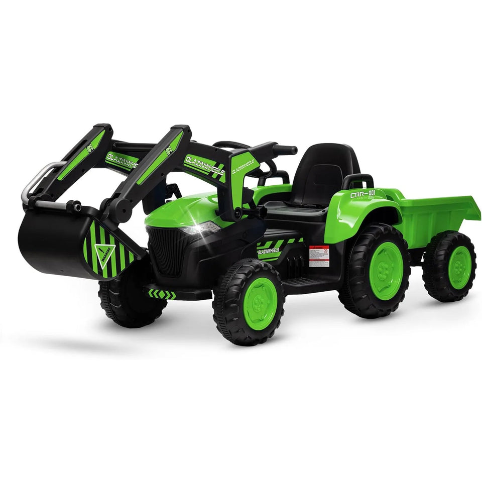 Kids 12V 3 in 1 Ride on Excavator & Tractor with Detachable Trailer, Ride on Car Toy with Remote Control, Digger, LED Lights AXSSIBLZ