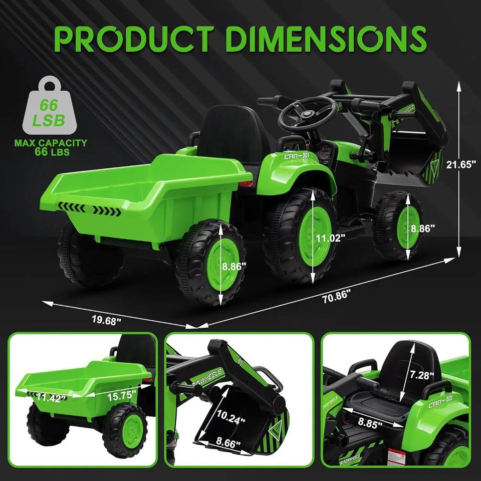 Kids 12V 3 in 1 Ride on Excavator & Tractor with Detachable Trailer, Ride on Car Toy with Remote Control, Digger, LED Lights AXSSIBLZ