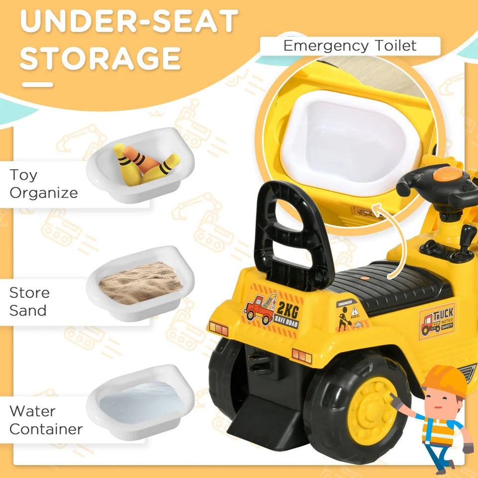 Ride On Excavator with Under Seat Storage, Sit and Scoot Construction Toy with Horn, Front Loader Shovel, for Sand and Snow AXSSIBLZ