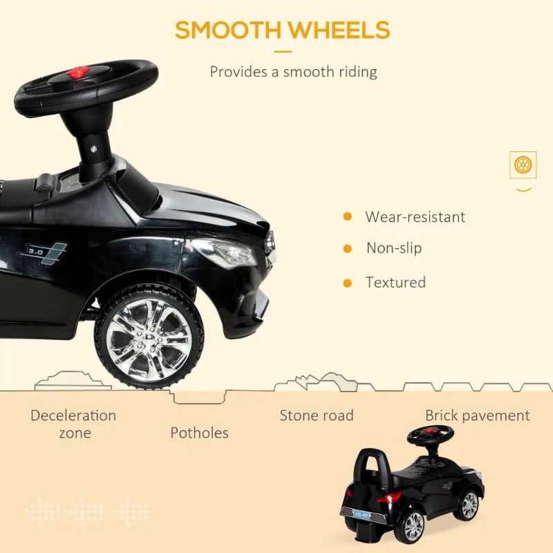 Kids Ride On Push Car, Foot-to-Floor Walking Sliding Toy Car for Toddler with Working Horn, Music, Headlights and Storage, Black AXSSIBLZ