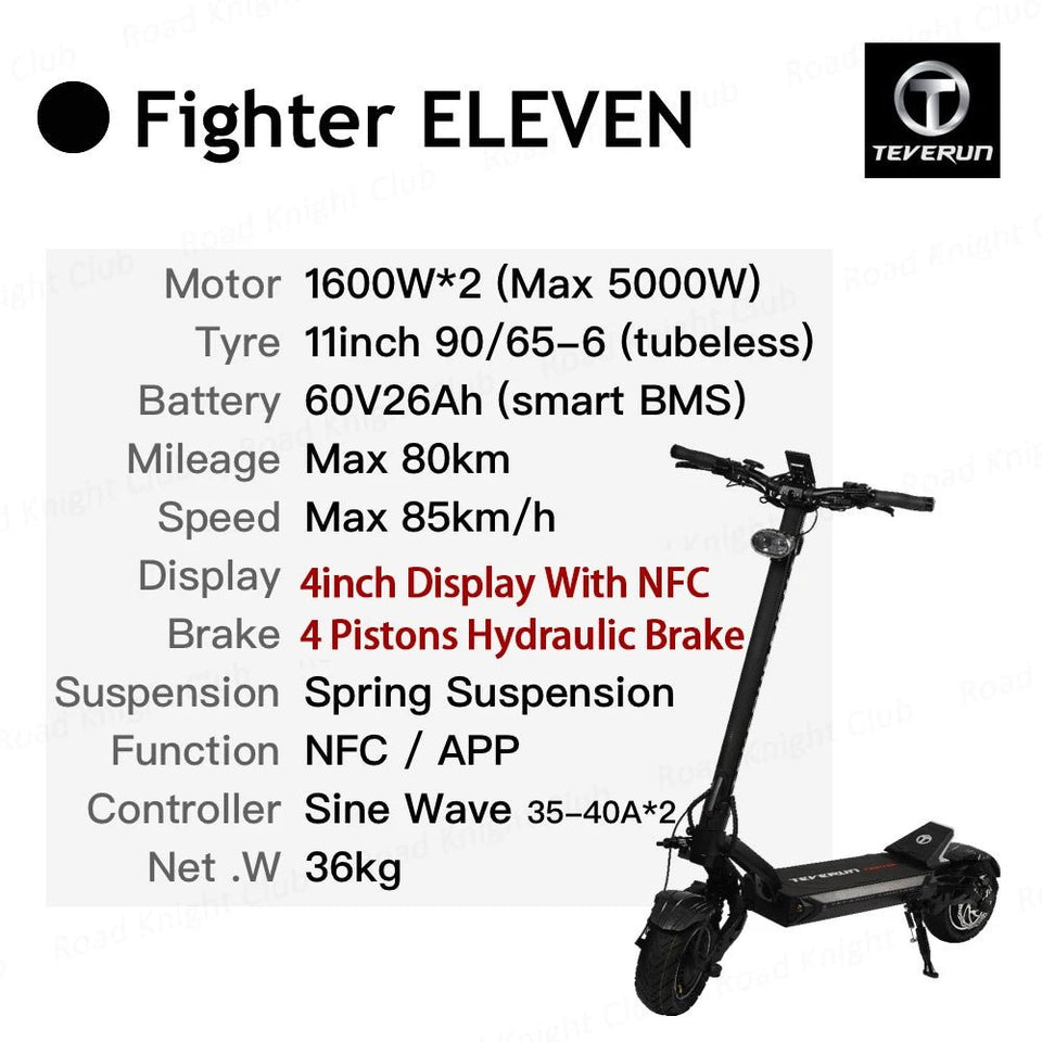 TEVERUN Fighter 11+ 60V 35Ah 26Ah Battery 1600W*2 Motor 4inch Display With NFC 4 Pistons Hydraulic Brake 11inch Tire Scooter AXSSIBLZ