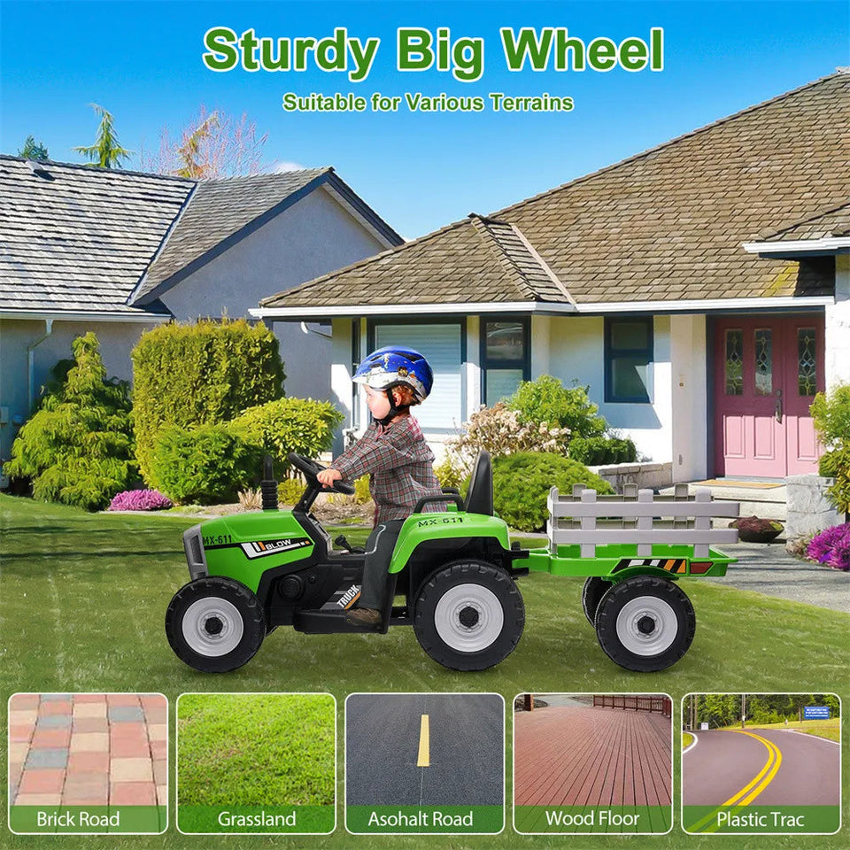 12V Kids  Electric Ride on Tractor Car & Trailer W/MP3 Player & LED Light Remote Control Battery Powered Gift for Xmas AXSSIBLZ