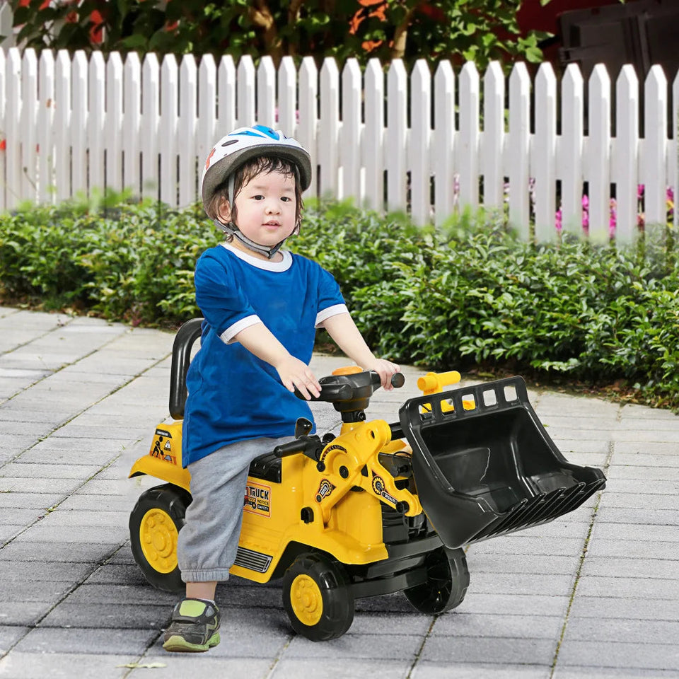 Ride On Excavator with Under Seat Storage, Sit and Scoot Construction Toy with Horn, Front Loader Shovel, for Sand and Snow AXSSIBLZ