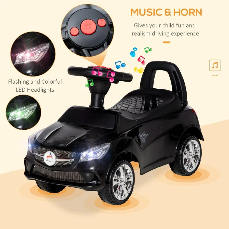 Kids Ride On Push Car, Foot-to-Floor Walking Sliding Toy Car for Toddler with Working Horn, Music, Headlights and Storage, Black AXSSIBLZ