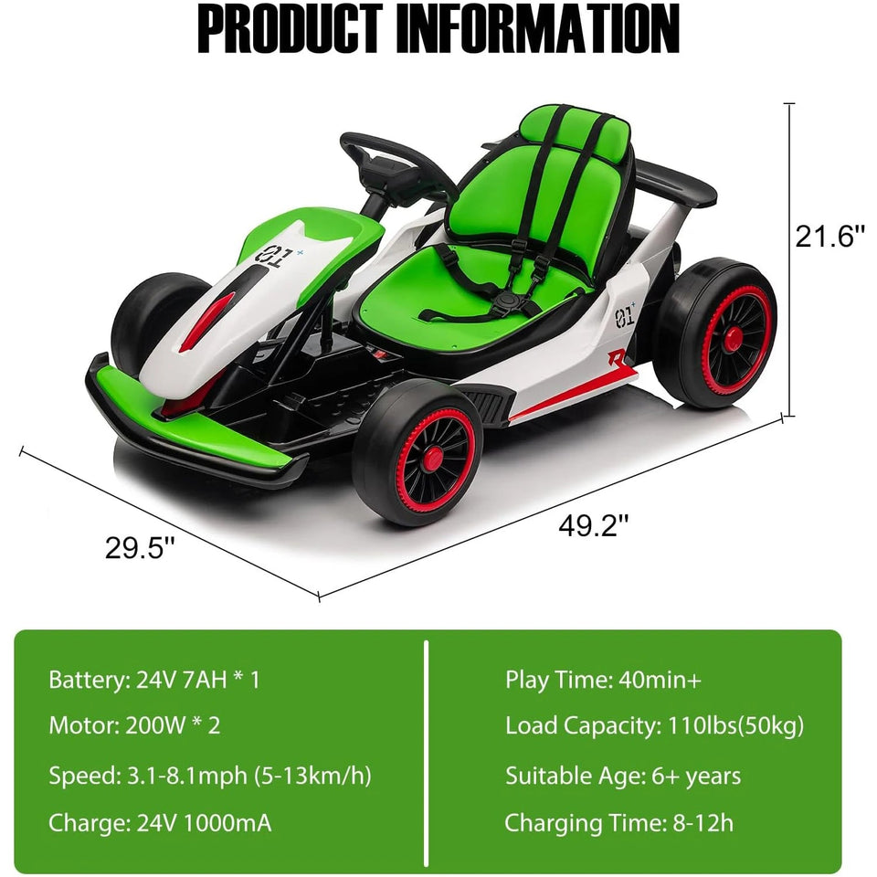 24V Go Kart for Kids 6+ Ride On Drift Kart with 200W*2 Extra Powerful Motors 8.1MPH High Speed Drifting with Music Horn AXSSIBLZ