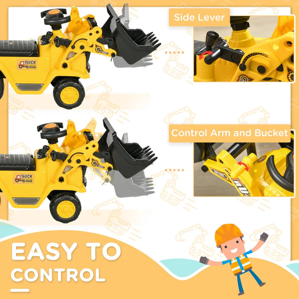 Ride On Excavator with Under Seat Storage, Sit and Scoot Construction Toy with Horn, Front Loader Shovel, for Sand and Snow AXSSIBLZ