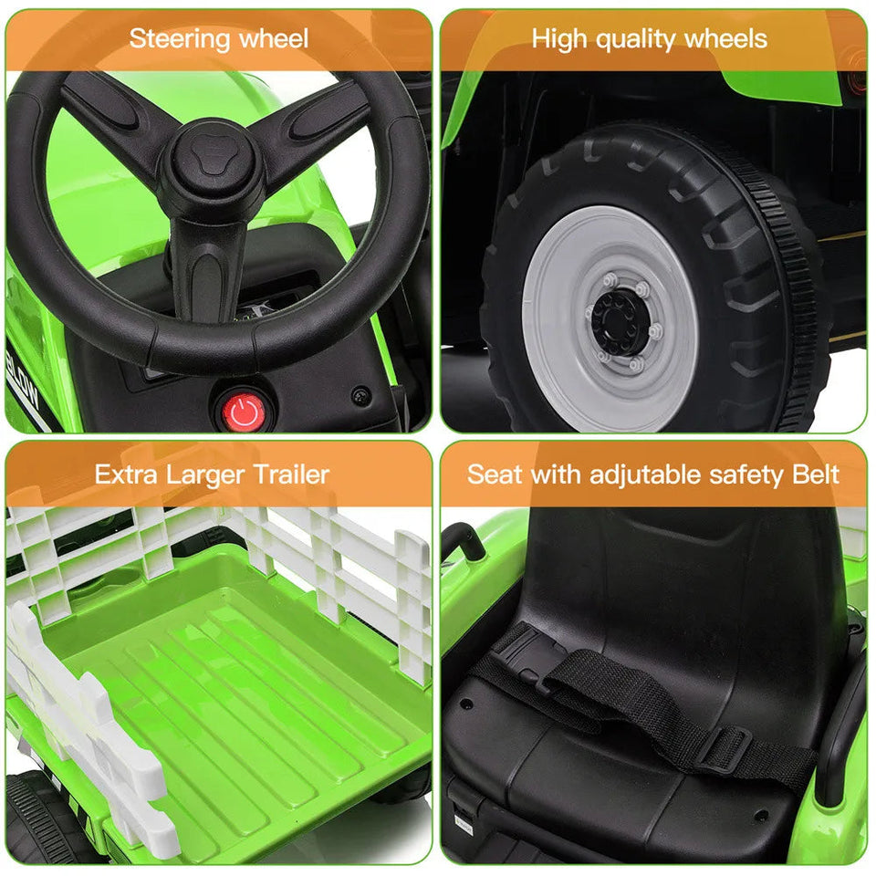 12V Kids  Electric Ride on Tractor Car & Trailer W/MP3 Player & LED Light Remote Control Battery Powered Gift for Xmas AXSSIBLZ