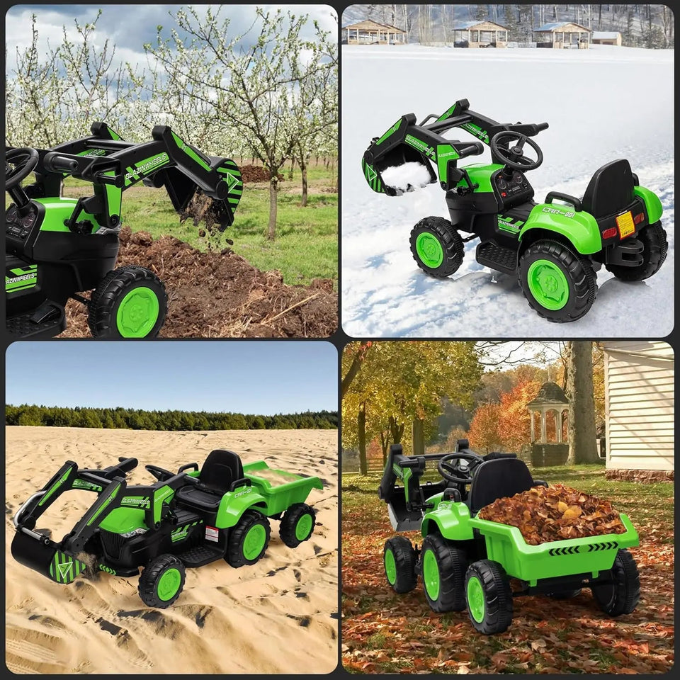 Kids 12V 3 in 1 Ride on Excavator & Tractor with Detachable Trailer, Ride on Car Toy with Remote Control, Digger, LED Lights AXSSIBLZ