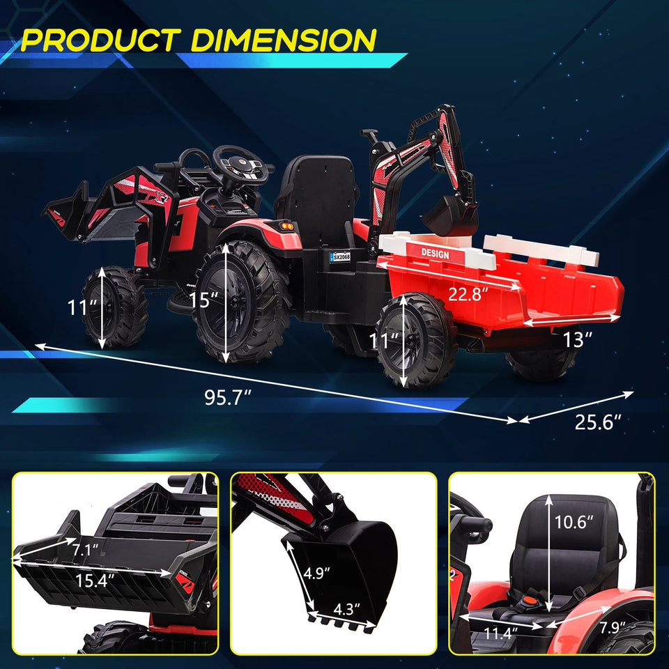 3 in 1 Ride on Tractor, Excavator & Bulldozer, 24V Electric Vehicle w/Trailer Remote Control Kids Ride on Car Toy AXSSIBLZ