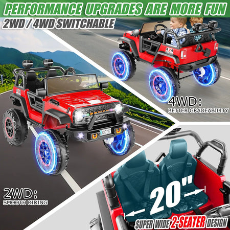 24V Kids Electric Ride on Jeep 2 Seater Battery Powered Truck with 20'' Wide Seat, 4x100W Powerful Wheels, Music, Remote Control AXSSIBLZ