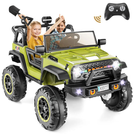 24V Kids Electric Ride on Jeep 2 Seater Battery Powered Truck with 20'' Wide Seat, 4x100W Powerful Wheels, Music, Remote Control AXSSIBLZ