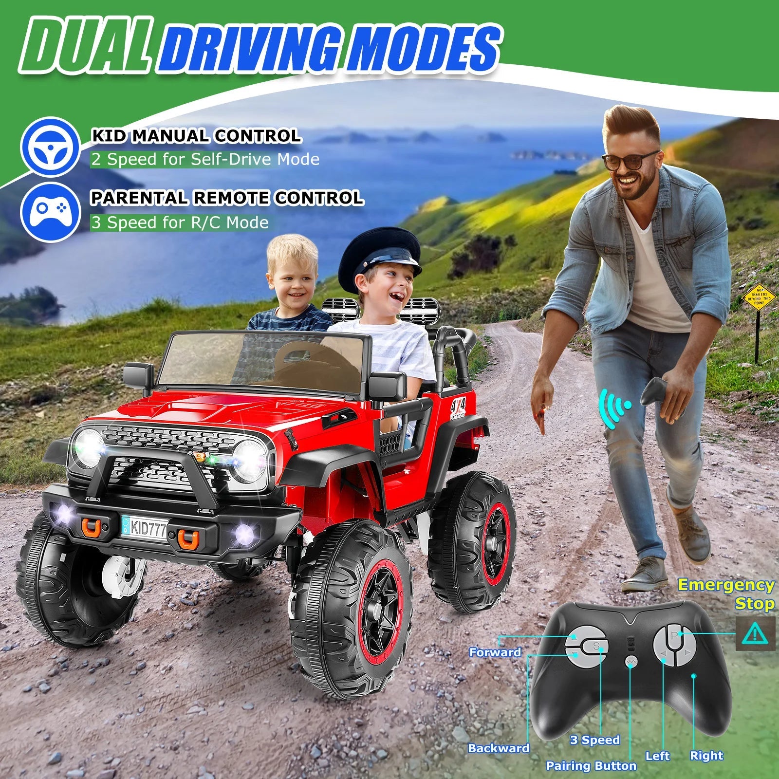 24V Kids Electric Ride on Jeep 2 Seater Battery Powered Truck with 20'' Wide Seat, 4x100W Powerful Wheels, Music, Remote Control AXSSIBLZ