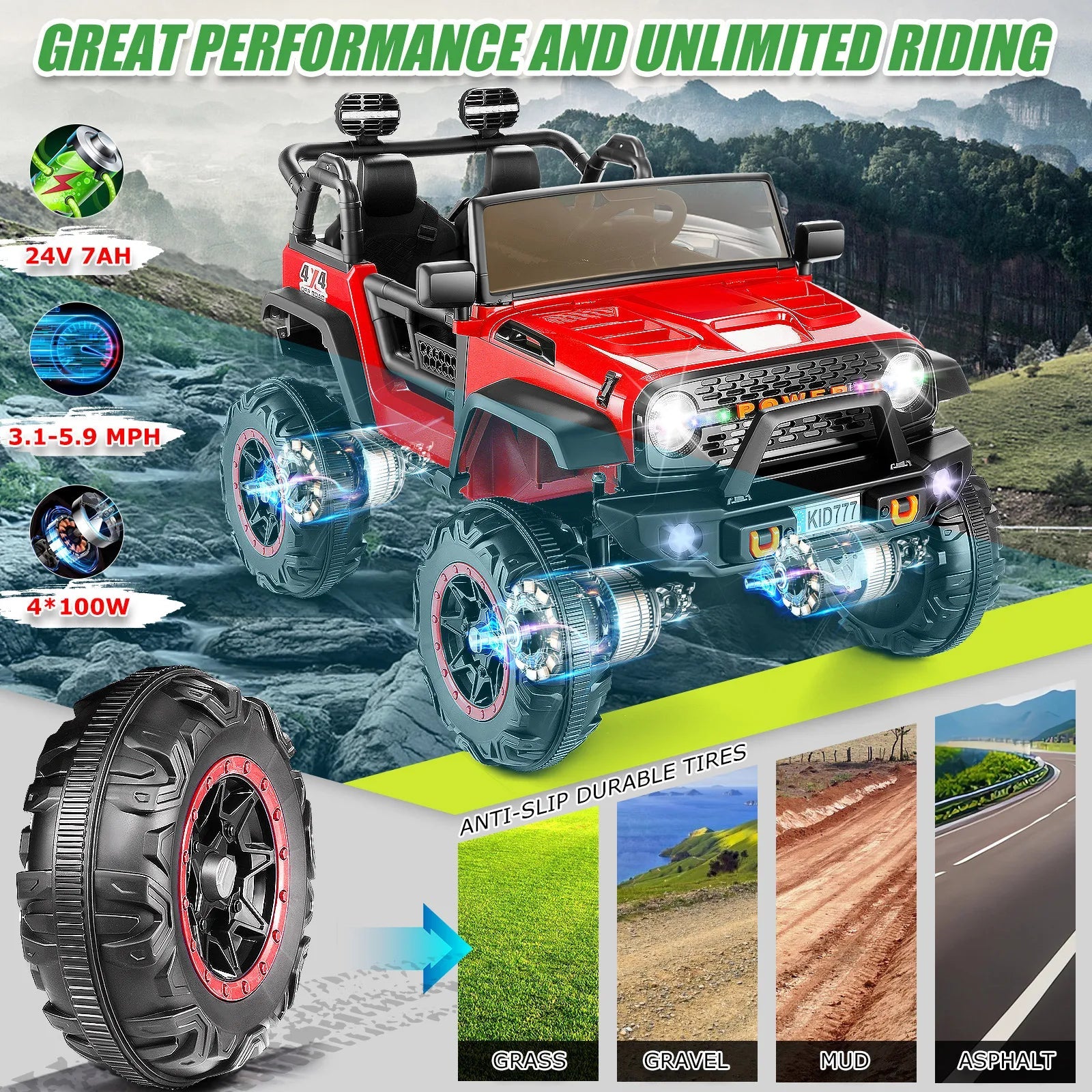 24V Kids Electric Ride on Jeep 2 Seater Battery Powered Truck with 20'' Wide Seat, 4x100W Powerful Wheels, Music, Remote Control AXSSIBLZ