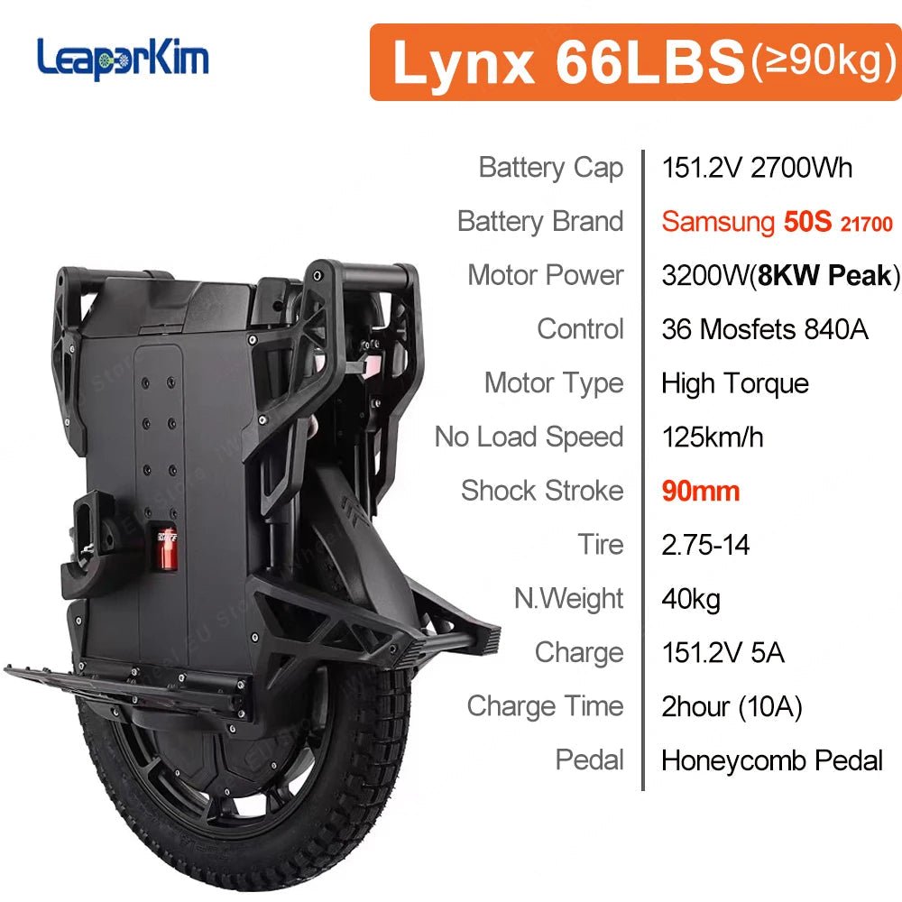 Newest LeaperKim Veteran Lynx 50S 151.2V 2700Wh 50S Battery 3200W Motor 2.75-14 Tire High Torque Lynx Electric Unicycle AXSSIBLZ
