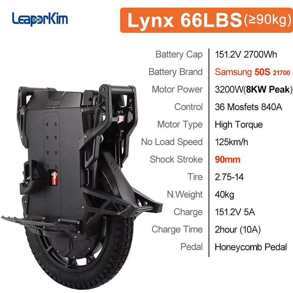 Newest LeaperKim Veteran Lynx 50S 151.2V 2700Wh 50S Battery 3200W Motor 2.75-14 Tire High Torque Lynx Electric Unicycle AXSSIBLZ