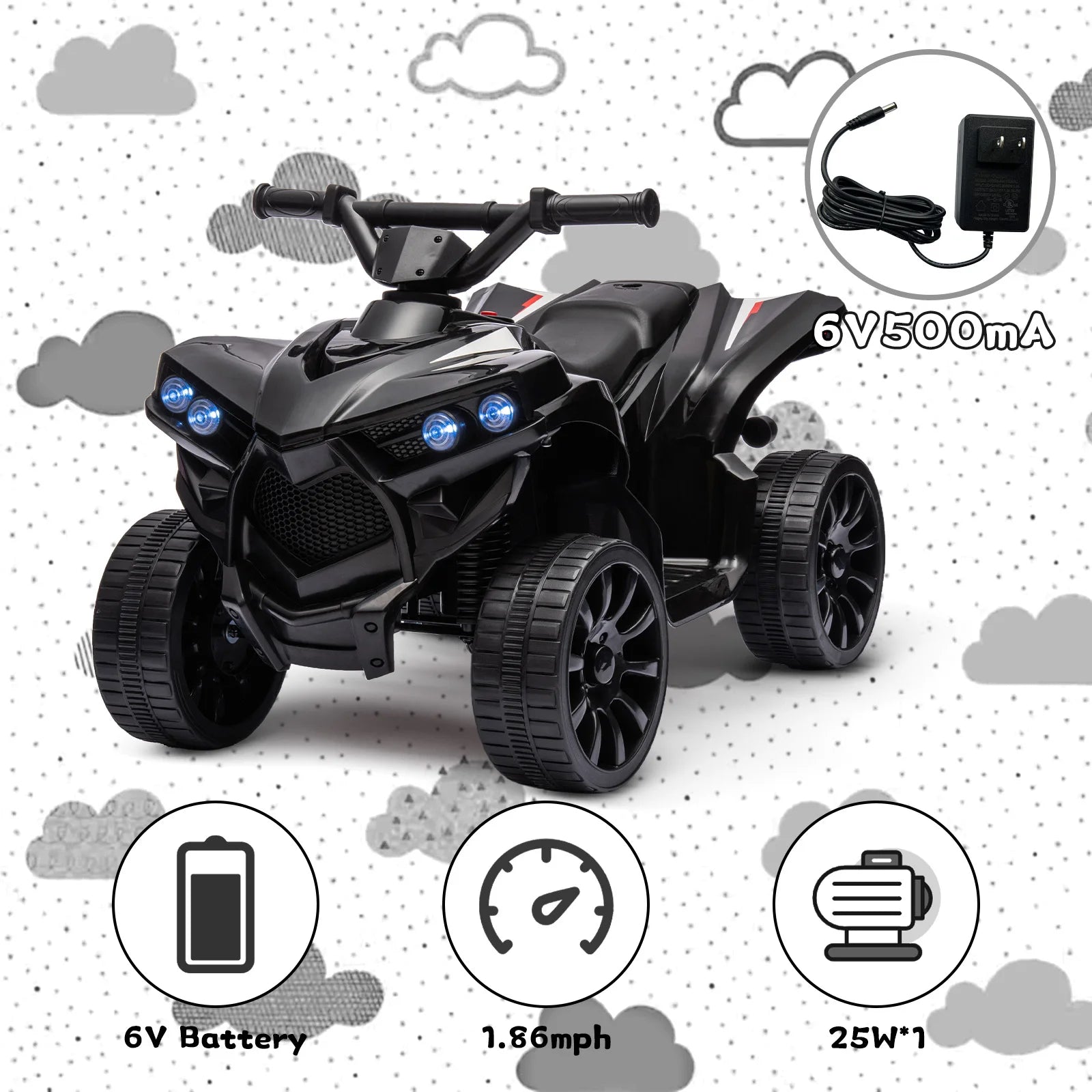 Kids 6V ATV, Ride on Quad Car Toy with LED Lights, Music, Foot Pedal Wear-Resistant Wheels, Battery Powered Electric Vehicle AXSSIBLZ