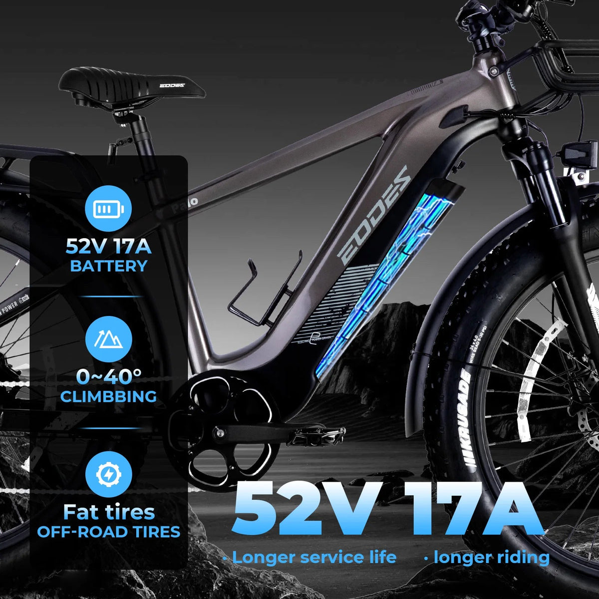 750W off-road electric bicycle 52V 17Ah 26 inch 4.0 fat tire with USB port and Bluetooth APP LCD screen 9-speed AXSSIBLZ