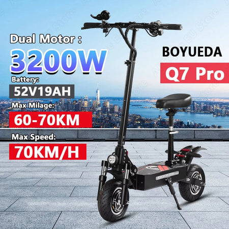Boyueda Q7Pro E-Scooter 3200W Dual Motor 52V19ah Battery Shock-absorbing Seats Electric Scooter 10*3.5inch Silent Tire eScooters AXSSIBLZ