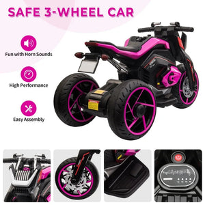12V Three-wheel Ride On Motorcycle, Kids Electric Motorbike with Horns, LED Lights, Gift for Kids 3-8 Years,Rosy AXSSIBLZ