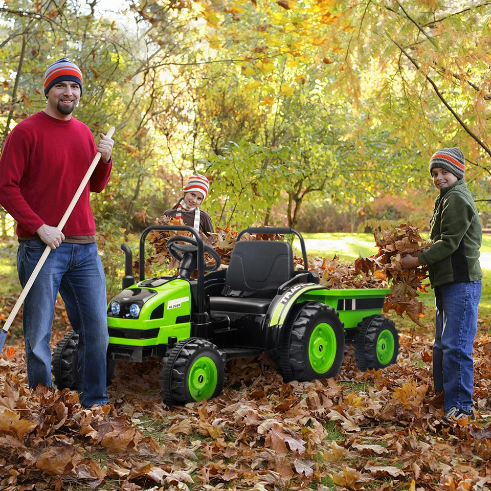 12V Kids Ride-On Tractor with Trailer,Remote Control,Music,LED Light,Rear Wheels Suspension,Battery Powered Electric Vehicle Toy AXSSIBLZ