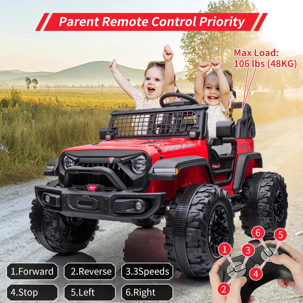 2 Seats Battery Powered Electric Truck with Remote Control, 24V Kids Ride on Toy with 20inch Extra Width Seat for 3-8 Years Kids AXSSIBLZ