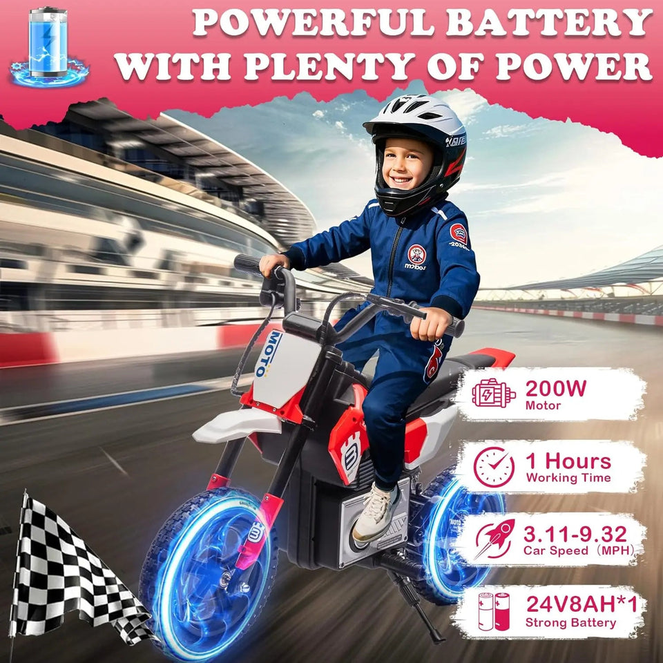 Electric Motorcycle for Kids Ages 5-15, 24V 200W Higher Speed Electric Dirt Bike, Kids Ride On Motorcycle with Rear Wheel Shock AXSSIBLZ