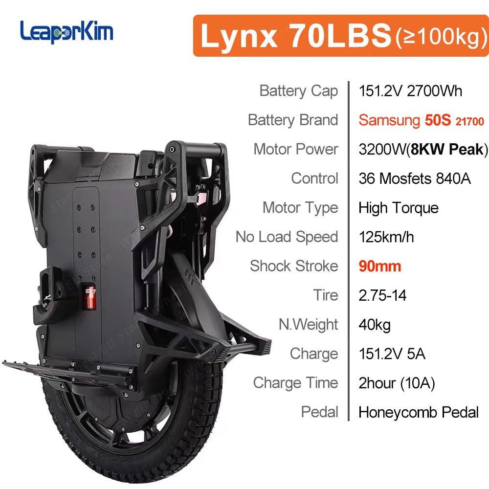 Newest LeaperKim Veteran Lynx 50S 151.2V 2700Wh 50S Battery 3200W Motor 2.75-14 Tire High Torque Lynx Electric Unicycle AXSSIBLZ