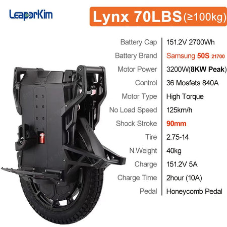 Newest LeaperKim Veteran Lynx 50S 151.2V 2700Wh 50S Battery 3200W Motor 2.75-14 Tire High Torque Lynx Electric Unicycle AXSSIBLZ