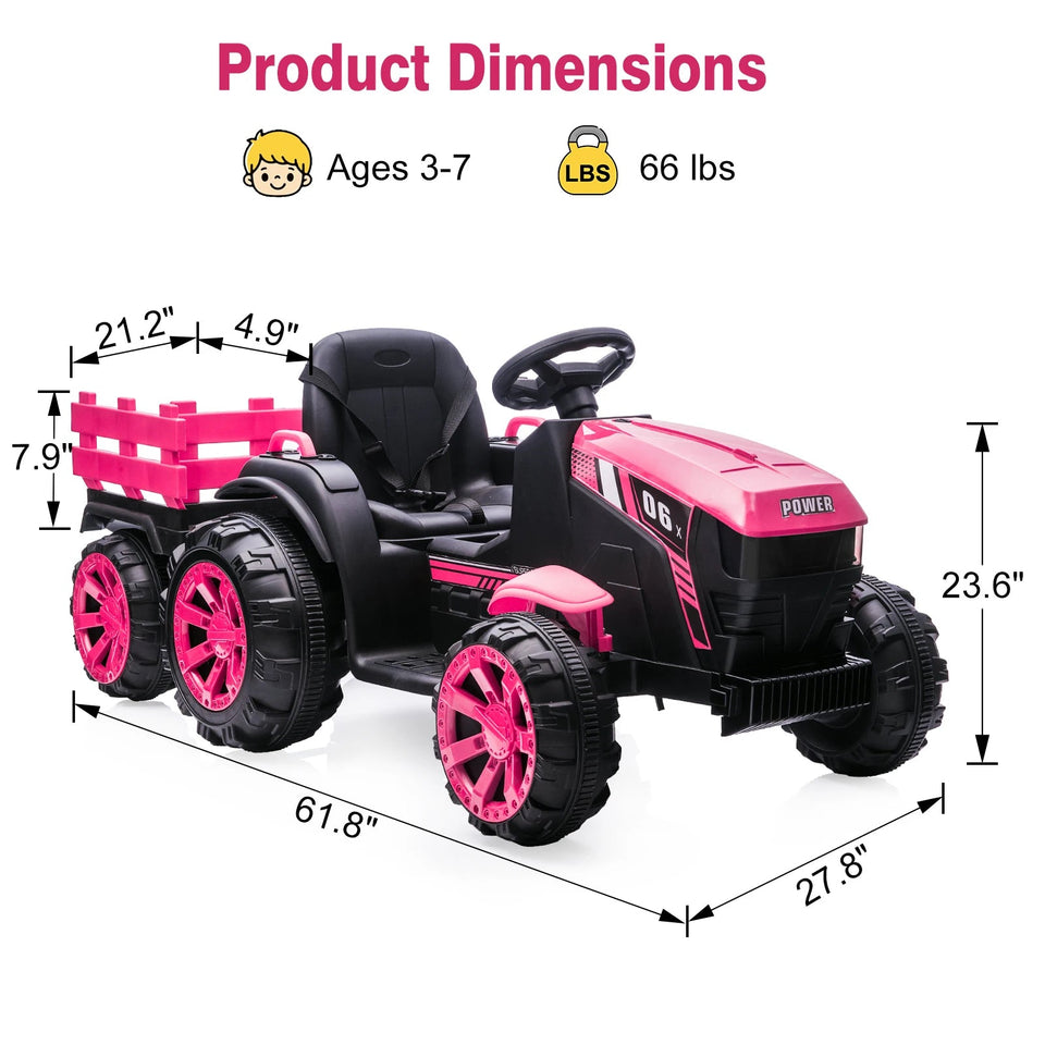 Kids Ride On Tractor with Trailer 12V Battery Powered Electric Kids Car Vehicle Toys with Dual Motors,Remote Control,LED Lights AXSSIBLZ