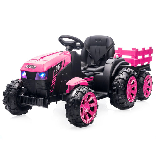 Kids Ride On Tractor with Trailer 12V Battery Powered Electric Kids Car Vehicle Toys with Dual Motors,Remote Control,LED Lights AXSSIBLZ