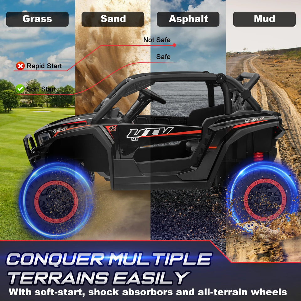 24V Ride on Car for Kids 2 Seater, 4x4 Off-Road UTV Toy w/ 3-Speed Remote Control, 4WD Powerful Motors, 18" Large Seat, AXSSIBLZ