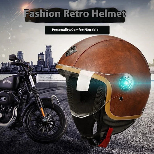 Four Season Universal Classic Retro Leather Electric Bike Motorcycle Helmet Harley Helmet Scooter Men'S And Women'S Half Helmets AXSSIBLZ