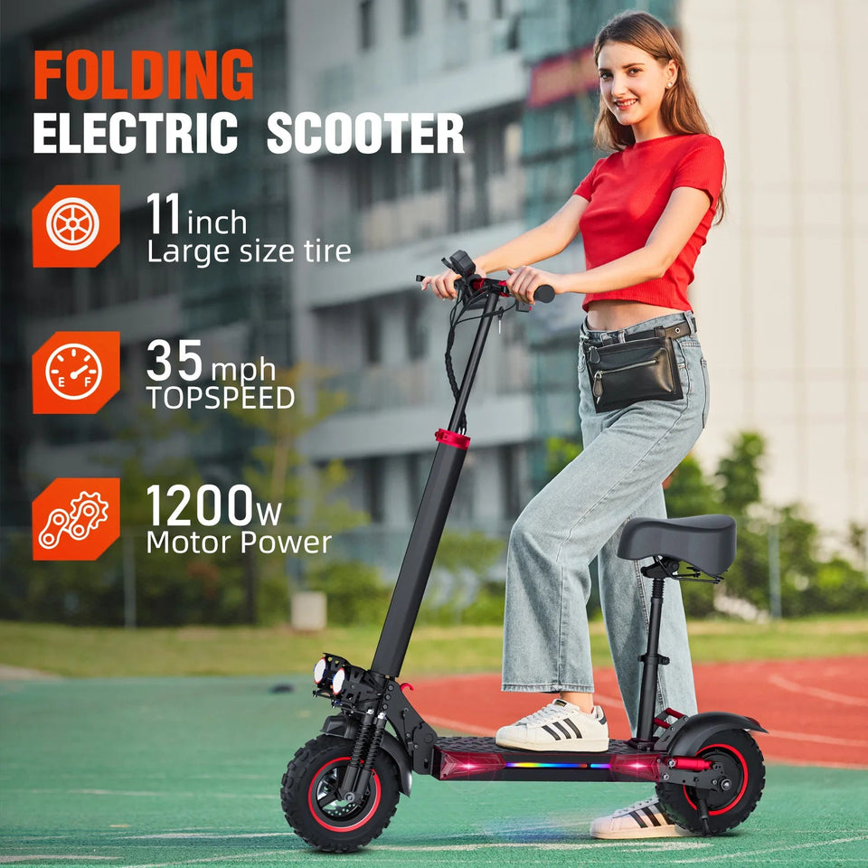 Foldable 1200W Electric Scooter with Seat for Adults, 11'' Off-road Tires, 48V 21Ah Battery, 33Miles Range Commuter E-scooter AXSSIBLZ