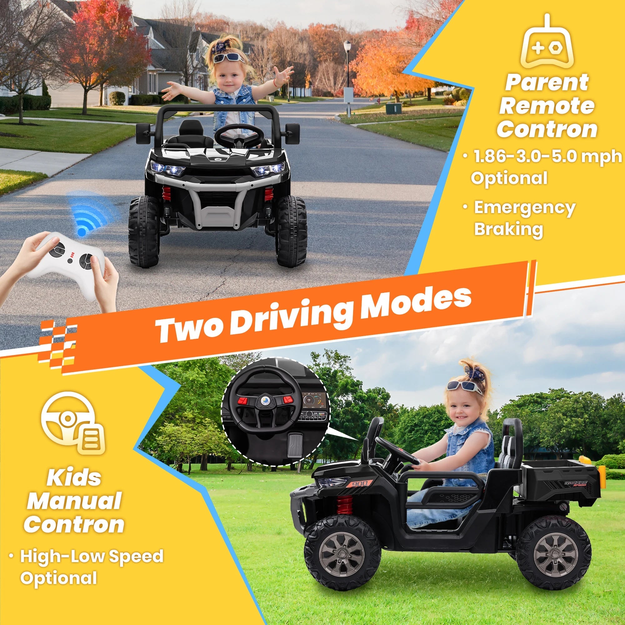 24V Ride on Dump Truck, 2 Seater Kids UTV Electric Car w/2.4G Remote Control, 4 Wheeler, Bluetooth Music, LED Lights, 24 Volt Ba AXSSIBLZ