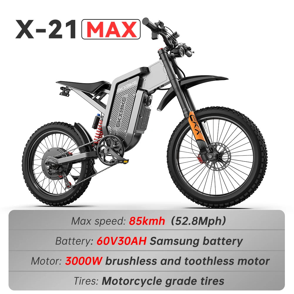 EKX X21 Max Electric Motorcycles 3000W Brushless Gearless Motors 60V30AH Lithium Battery Speed 85Kmh Adult Off Road Ebike AXSSIBLZ