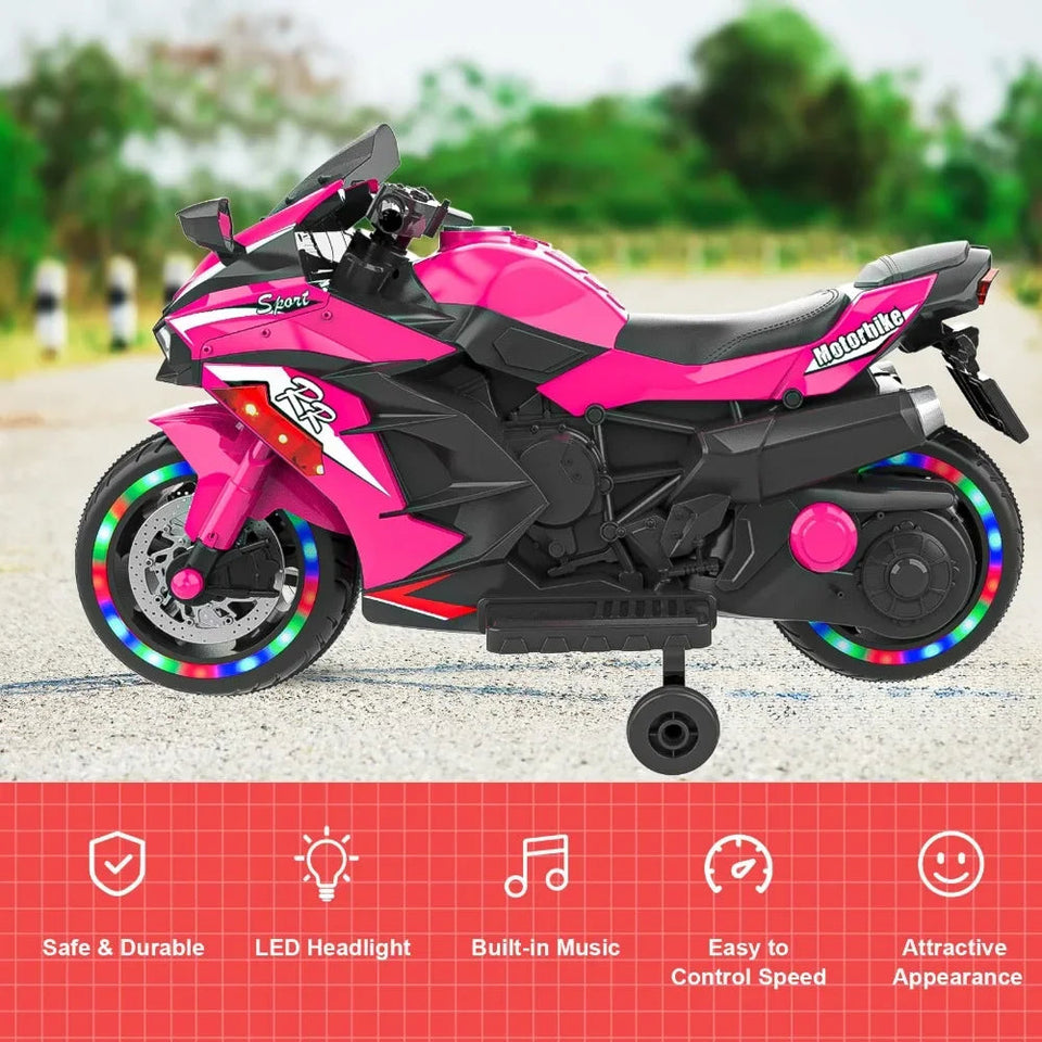 12V Electric Kids' Ride on Vehicles, Powered Toy Motorcycle, Child Motorcycle Ride on With Light Wheels and Bluetooth Music Pink AXSSIBLZ