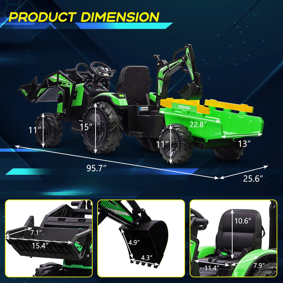 3 in 1 Ride on Tractor, Excavator & Bulldozer, 24V Electric Vehicle w/Trailer, Shovel Bucket, Digger, Remote Control, EVA Tires AXSSIBLZ