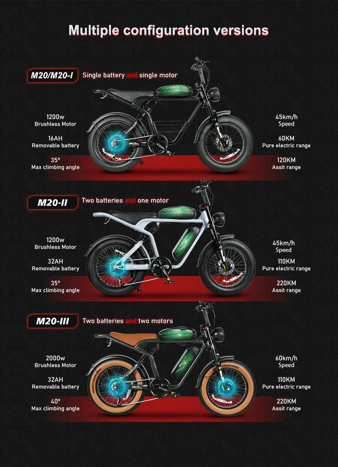 SAMEBIKE Electric Bike M20-II 20" 48V 32AH 2000W Motor  Electric Bicycle 45KM/H Max Speed Motorcycle Style E-bike AXSSIBLZ