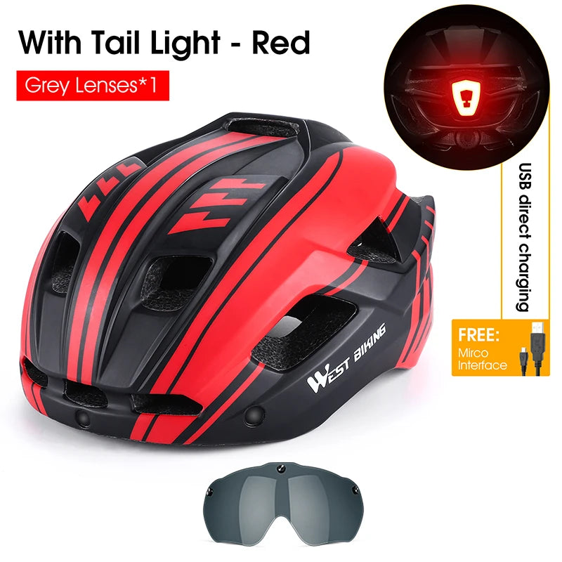 WEST BIKING Integrated Ultralight Bike Helmet With Taillight Goggle Men Women Cycling Safety Hat MTB Road Bike Motorcycle Helmet AXSSIBLZ