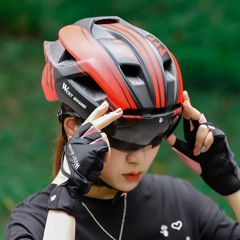 WEST BIKING Integrated Ultralight Bike Helmet With Taillight Goggle Men Women Cycling Safety Hat MTB Road Bike Motorcycle Helmet AXSSIBLZ