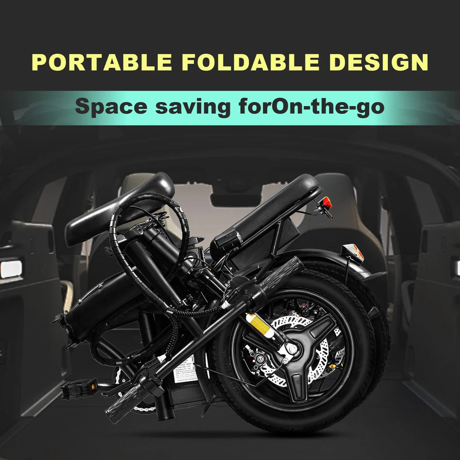 400W motor adult electric bicycle, foldable with seat and basket, 14 inch 48V 10.4Ah detachable battery, 22 mile range 20MPH AXSSIBLZ